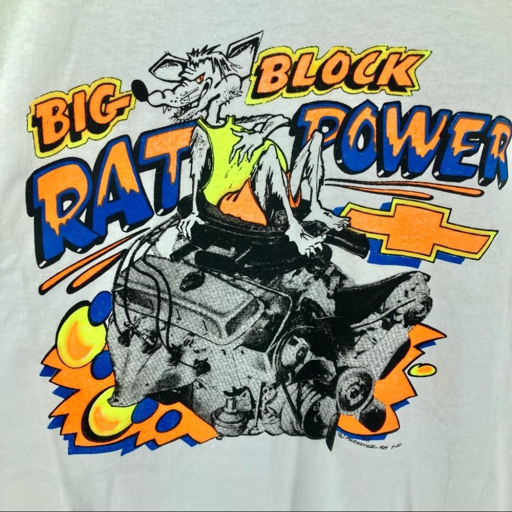VINTAGE NWOT 1989 Single Stitch White Graphic BIG BLOCK RAT POWER T-shirt